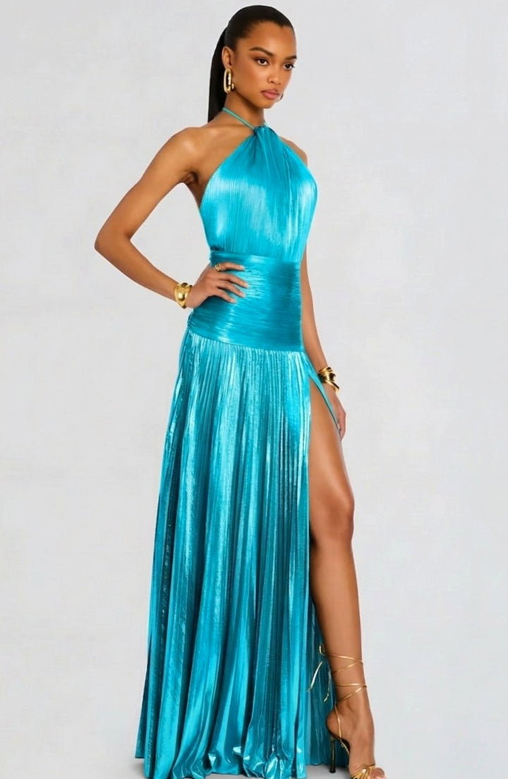 Emma | Women's Metallic Halter Maxi Dress Pleated High-Slit Backless Gown