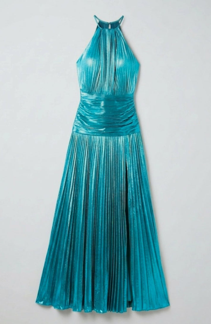 Emma | Women's Metallic Halter Maxi Dress Pleated High-Slit Backless Gown