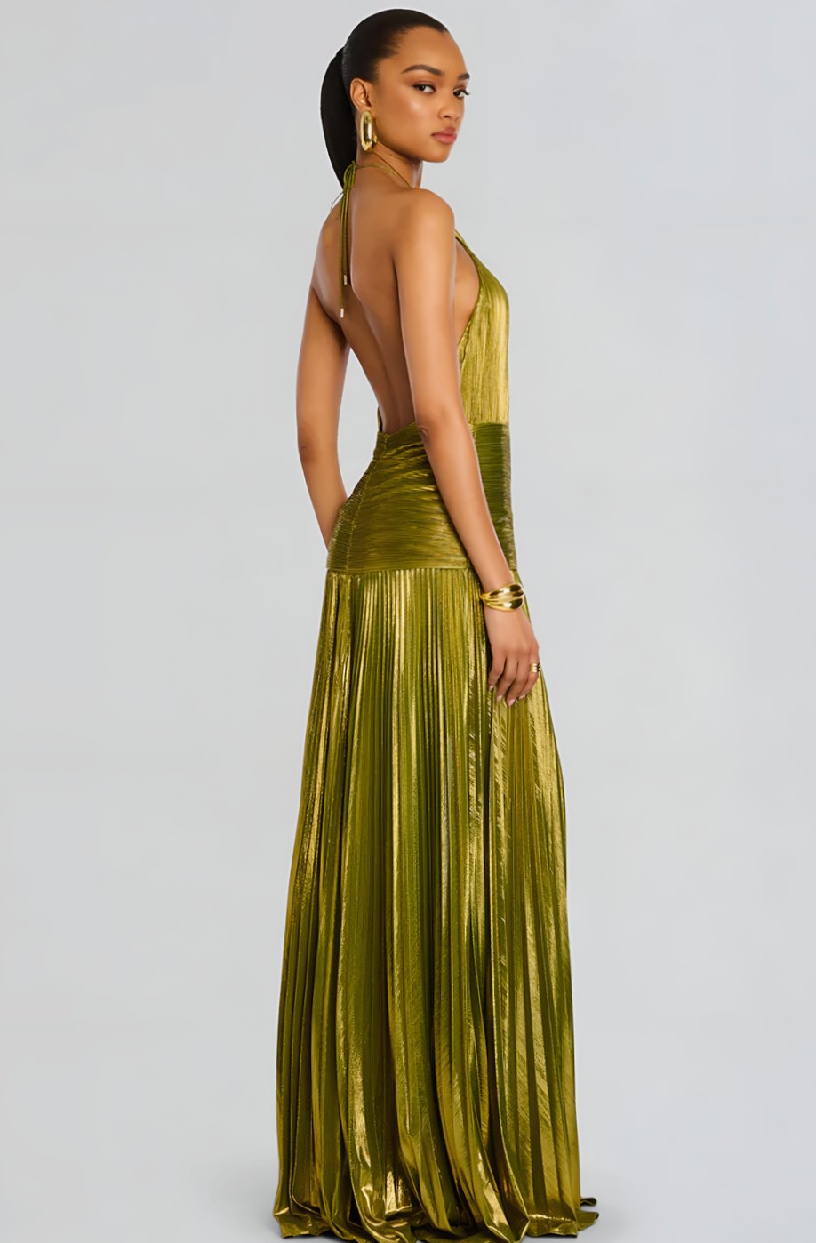 Emma | Women's Metallic Halter Maxi Dress Pleated High-Slit Backless Gown