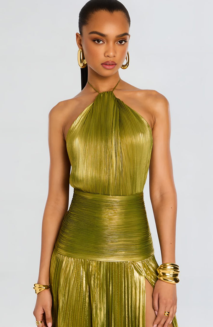 Emma | Women's Metallic Halter Maxi Dress Pleated High-Slit Backless Gown