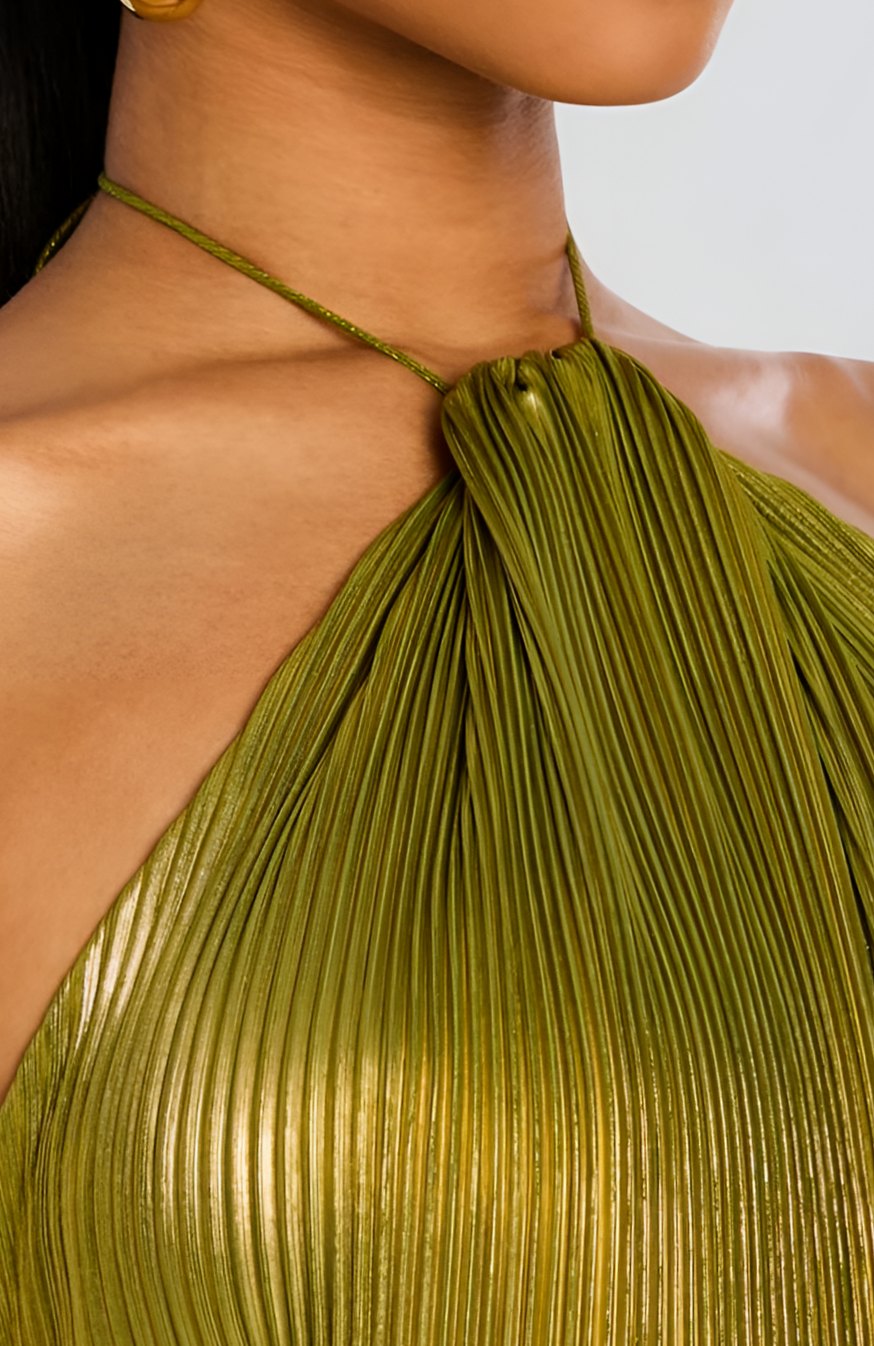 Emma | Women's Metallic Halter Maxi Dress Pleated High-Slit Backless Gown