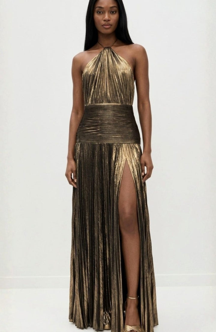 Emma | Women's Metallic Halter Maxi Dress Pleated High-Slit Backless Gown