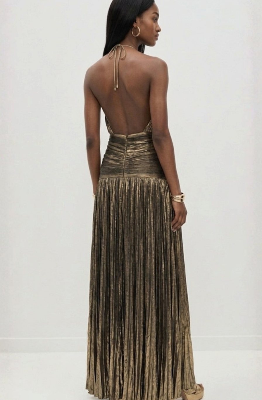 Emma | Women's Metallic Halter Maxi Dress Pleated High-Slit Backless Gown