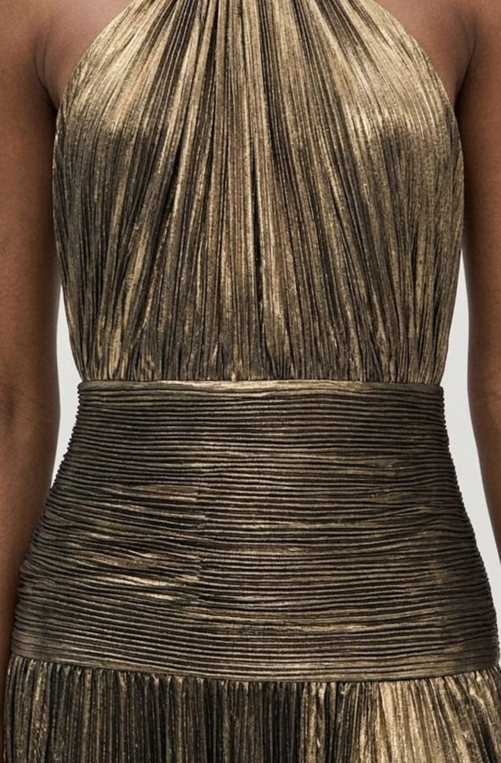 Emma | Women's Metallic Halter Maxi Dress Pleated High-Slit Backless Gown