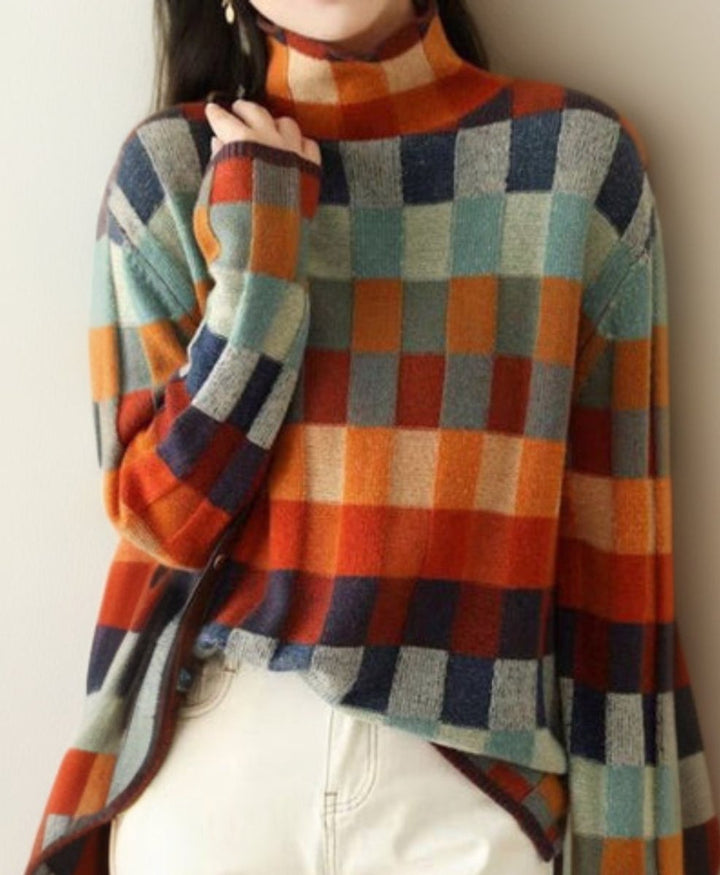 Grace | Women's Multicolour Plaid Turtleneck Knit Sweater