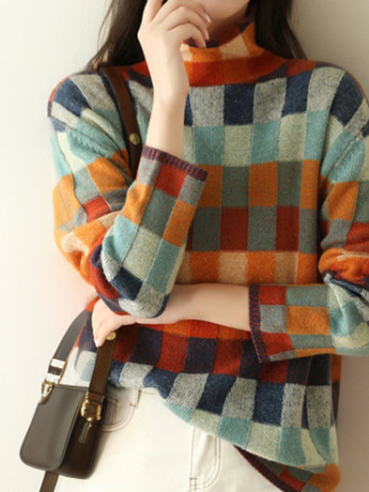 Grace | Women's Multicolour Plaid Turtleneck Knit Sweater