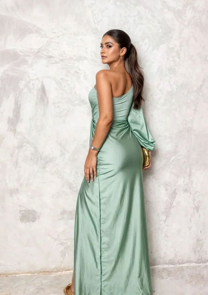 Charlotte | Women's One-Shoulder Draped Satin Formal Maxi Dress Slit