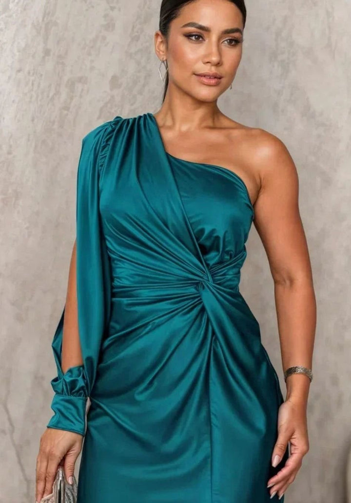 Charlotte | Women's One-Shoulder Draped Satin Formal Maxi Dress Slit