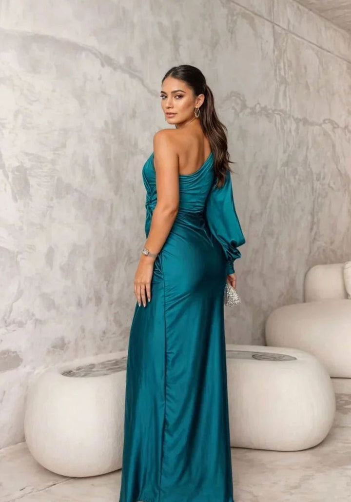 Charlotte | Women's One-Shoulder Draped Satin Formal Maxi Dress Slit