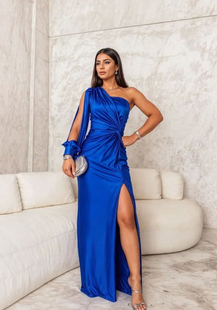 Charlotte | Women's One-Shoulder Draped Satin Formal Maxi Dress Slit