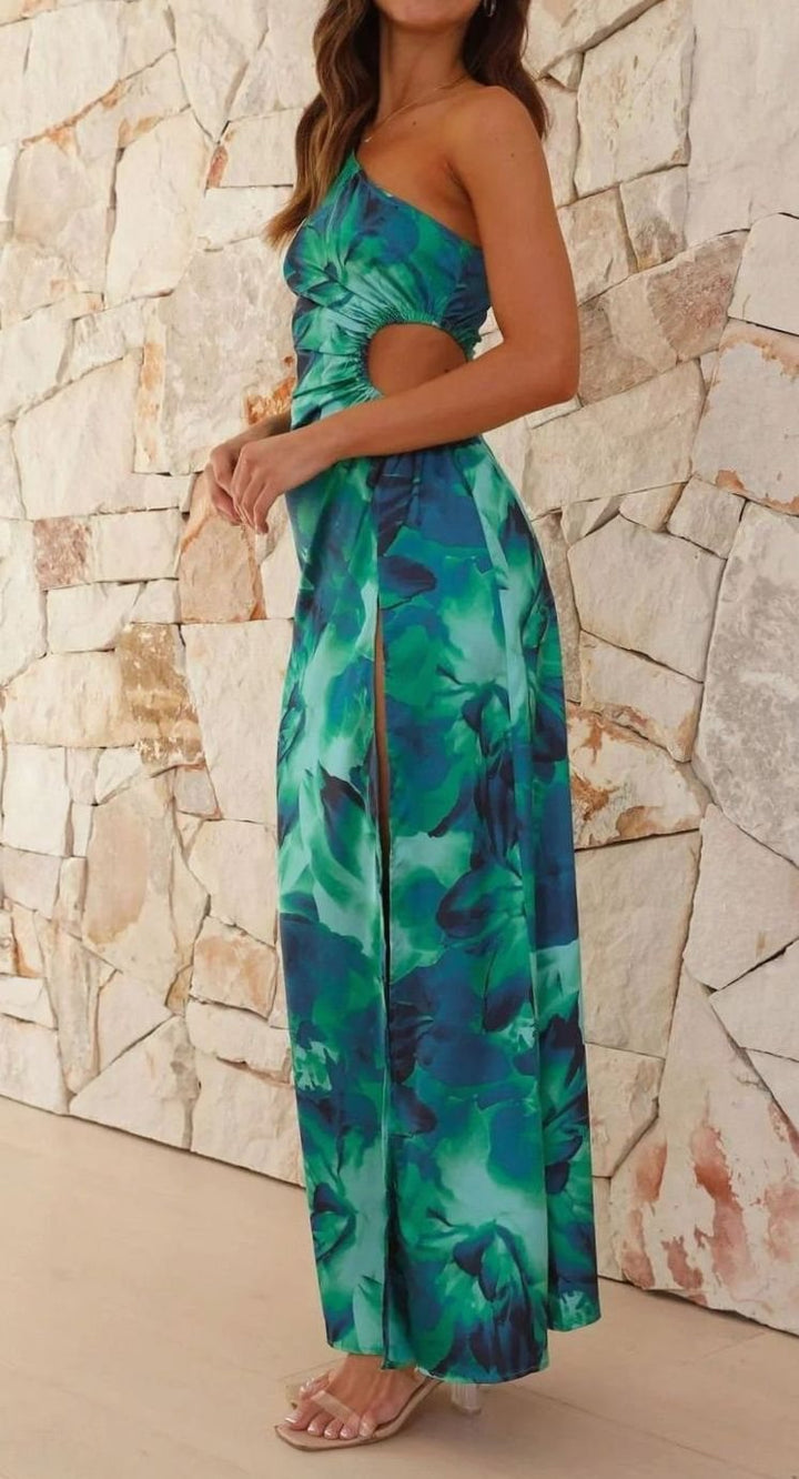 Charlotte | Women's One-Shoulder Floral Ruched Slit Evening Maxi Dress