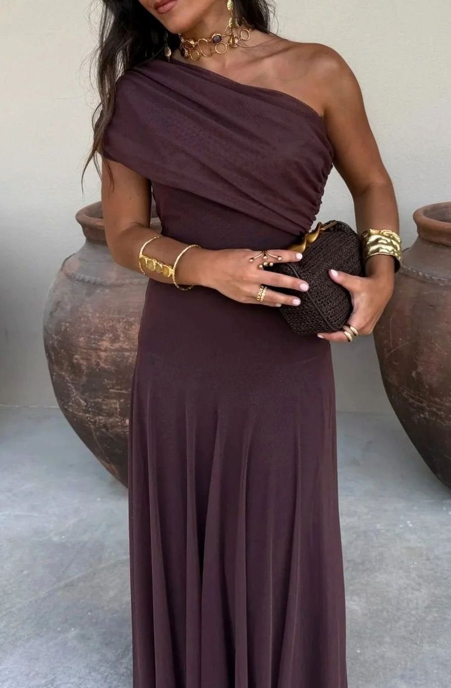 Lily | Women's One-Shoulder Pleated Flowy Maxi Dress