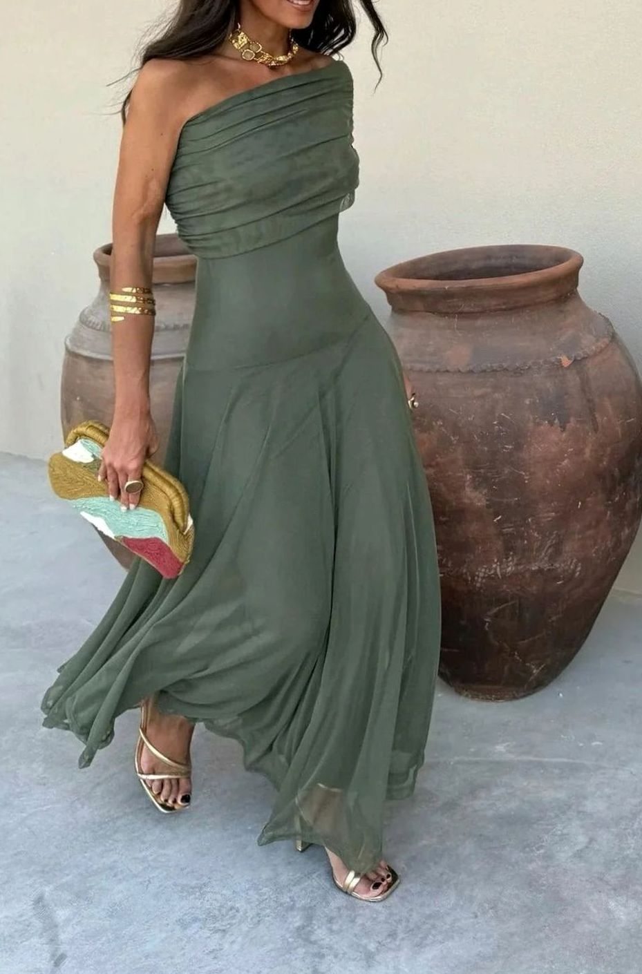 Lily | Women's One-Shoulder Pleated Flowy Maxi Dress