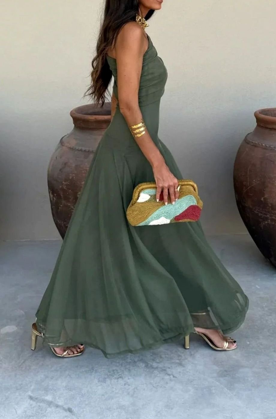Lily | Women's One-Shoulder Pleated Flowy Maxi Dress