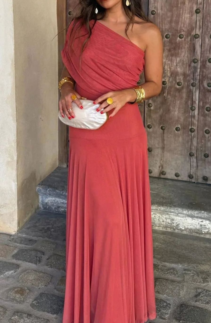 Lily | Women's One-Shoulder Pleated Flowy Maxi Dress
