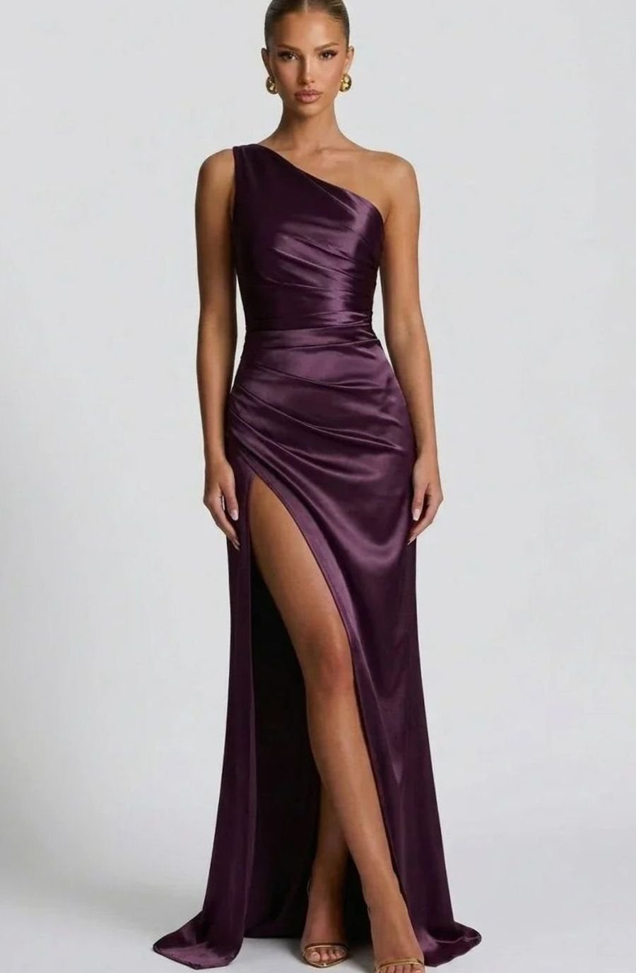Ava | Women's One-Shoulder Ruched Satin Maxi Dress High Slit