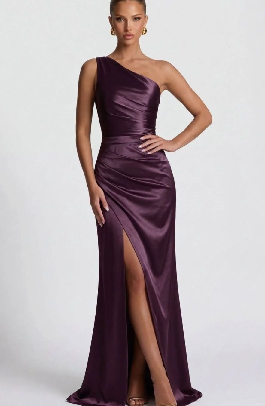 Ava | Women's One-Shoulder Ruched Satin Maxi Dress High Slit