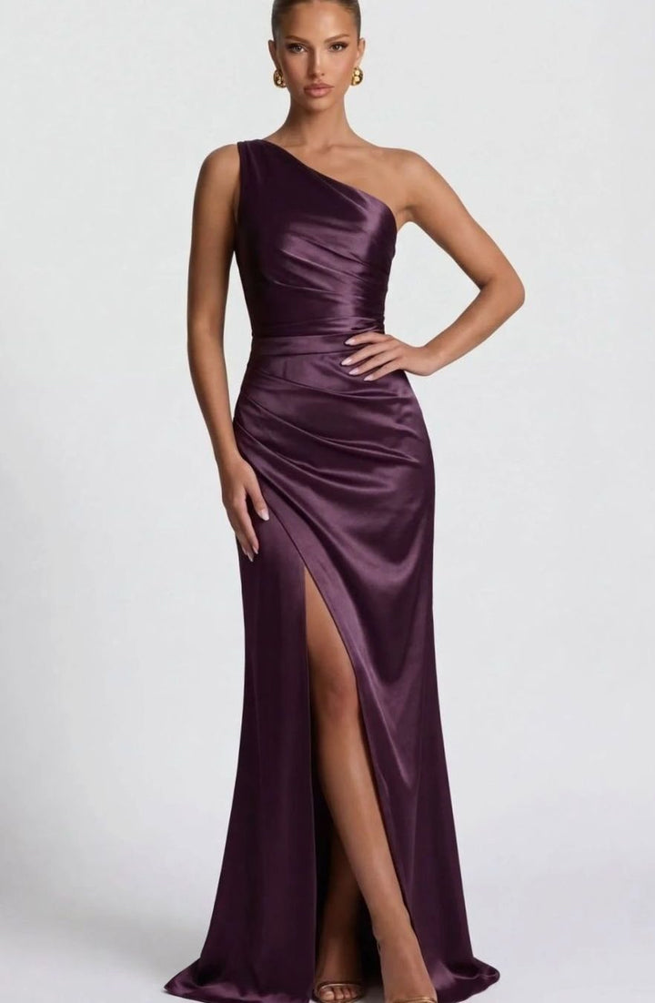 Ava | Women's One-Shoulder Ruched Satin Maxi Dress High Slit