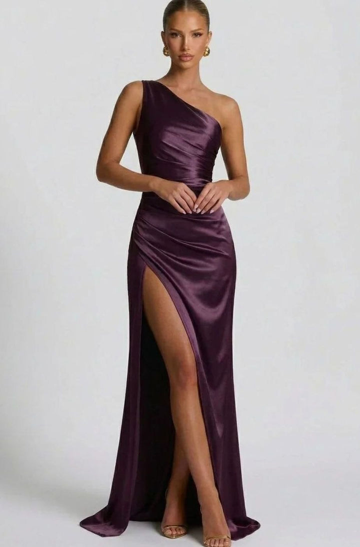 Ava | Women's One-Shoulder Ruched Satin Maxi Dress High Slit