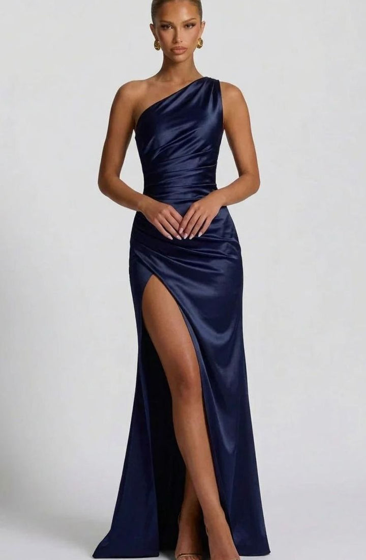 Ava | Women's One-Shoulder Ruched Satin Maxi Dress High Slit