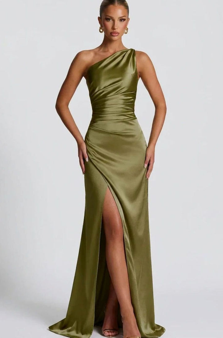 Ava | Women's One-Shoulder Ruched Satin Maxi Dress High Slit