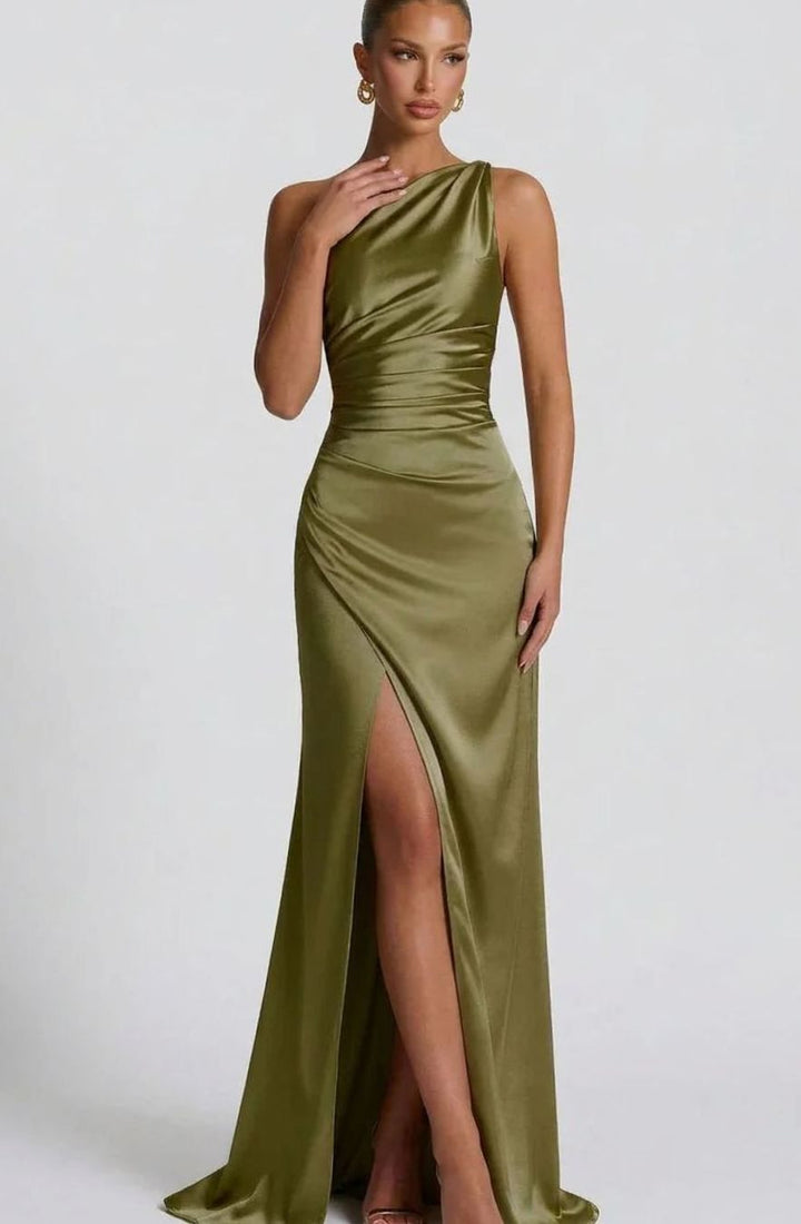 Ava | Women's One-Shoulder Ruched Satin Maxi Dress High Slit
