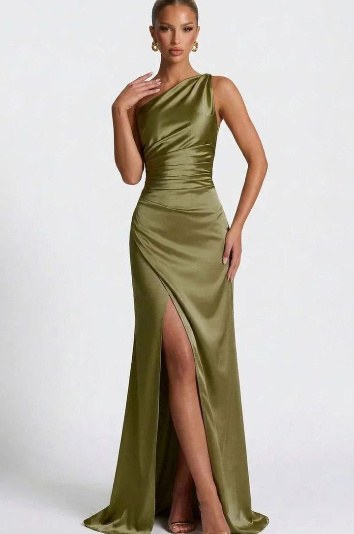 Ava | Women's One-Shoulder Ruched Satin Maxi Dress High Slit