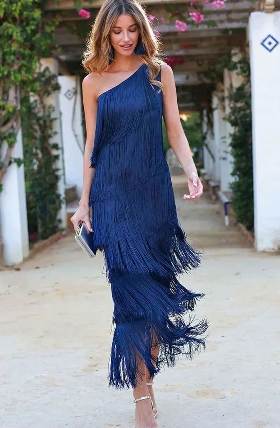 Riley | Women's One-Shoulder Tiered Fringe Maxi Dress