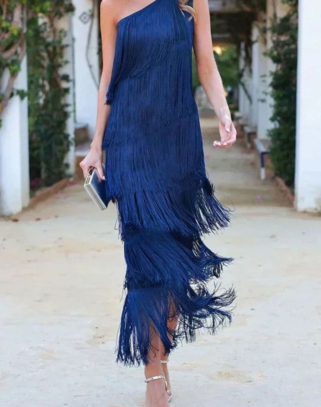 Riley | Women's One-Shoulder Tiered Fringe Maxi Dress