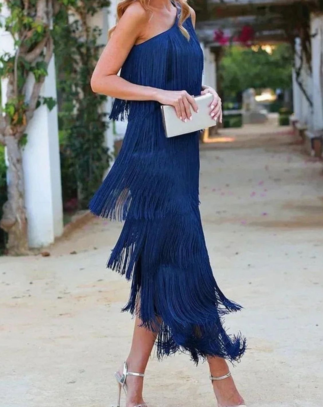 Riley | Women's One-Shoulder Tiered Fringe Maxi Dress