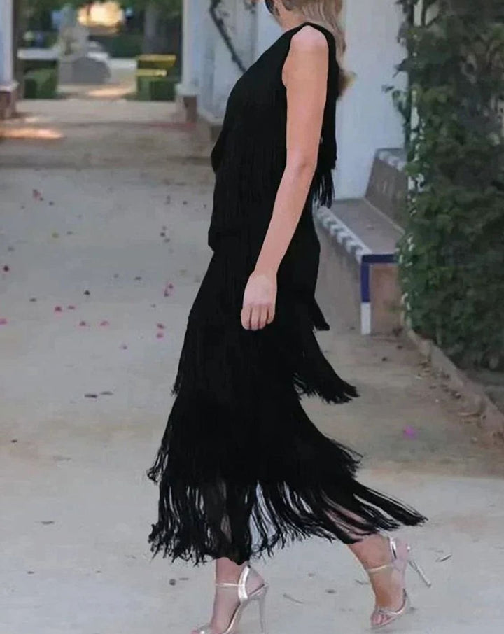 Riley | Women's One-Shoulder Tiered Fringe Maxi Dress