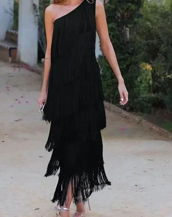 Riley | Women's One-Shoulder Tiered Fringe Maxi Dress