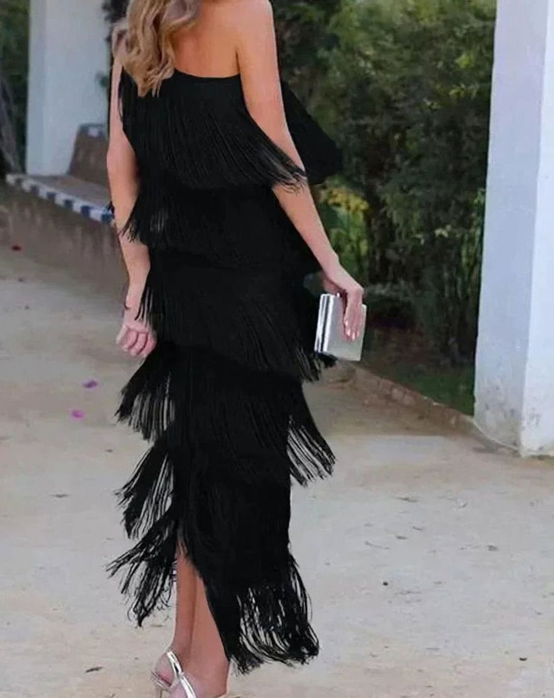 Riley | Women's One-Shoulder Tiered Fringe Maxi Dress