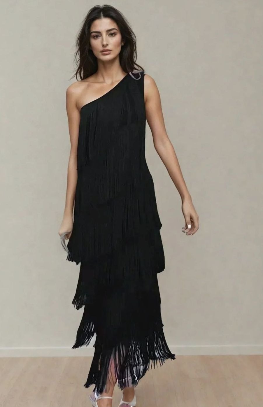 Riley | Women's One-Shoulder Tiered Fringe Maxi Dress
