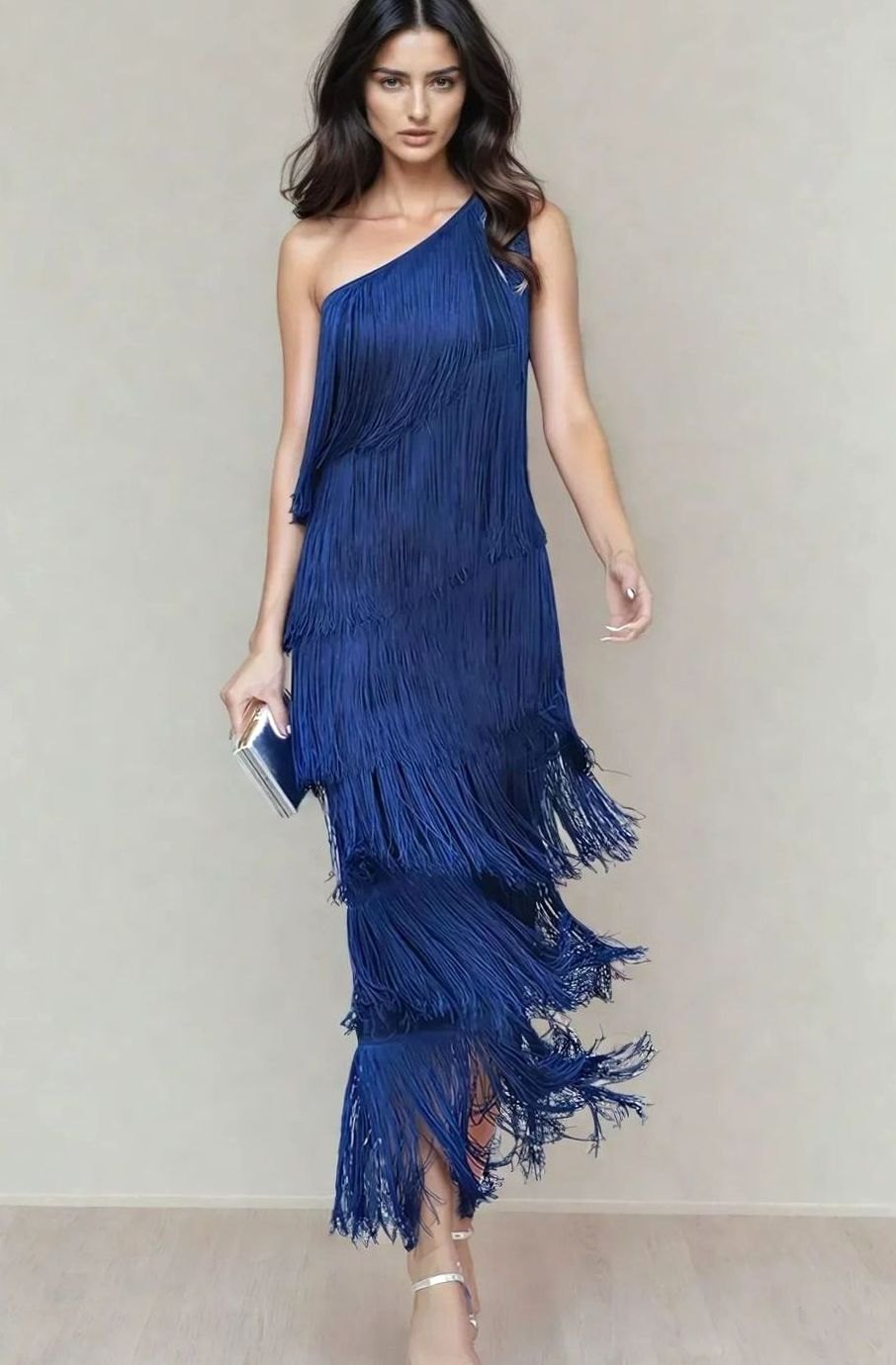 Riley | Women's One-Shoulder Tiered Fringe Maxi Dress