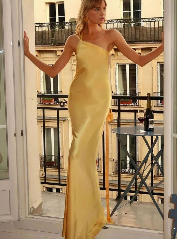 Evelyn | Women's Open Back Satin Maxi Dress Thin Strap Evening Gown