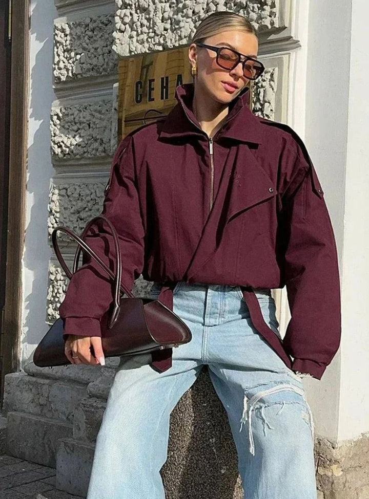 Isabella | Women's Oversized Burgundy High-Collar Zip-Up Light Bomber Jacket