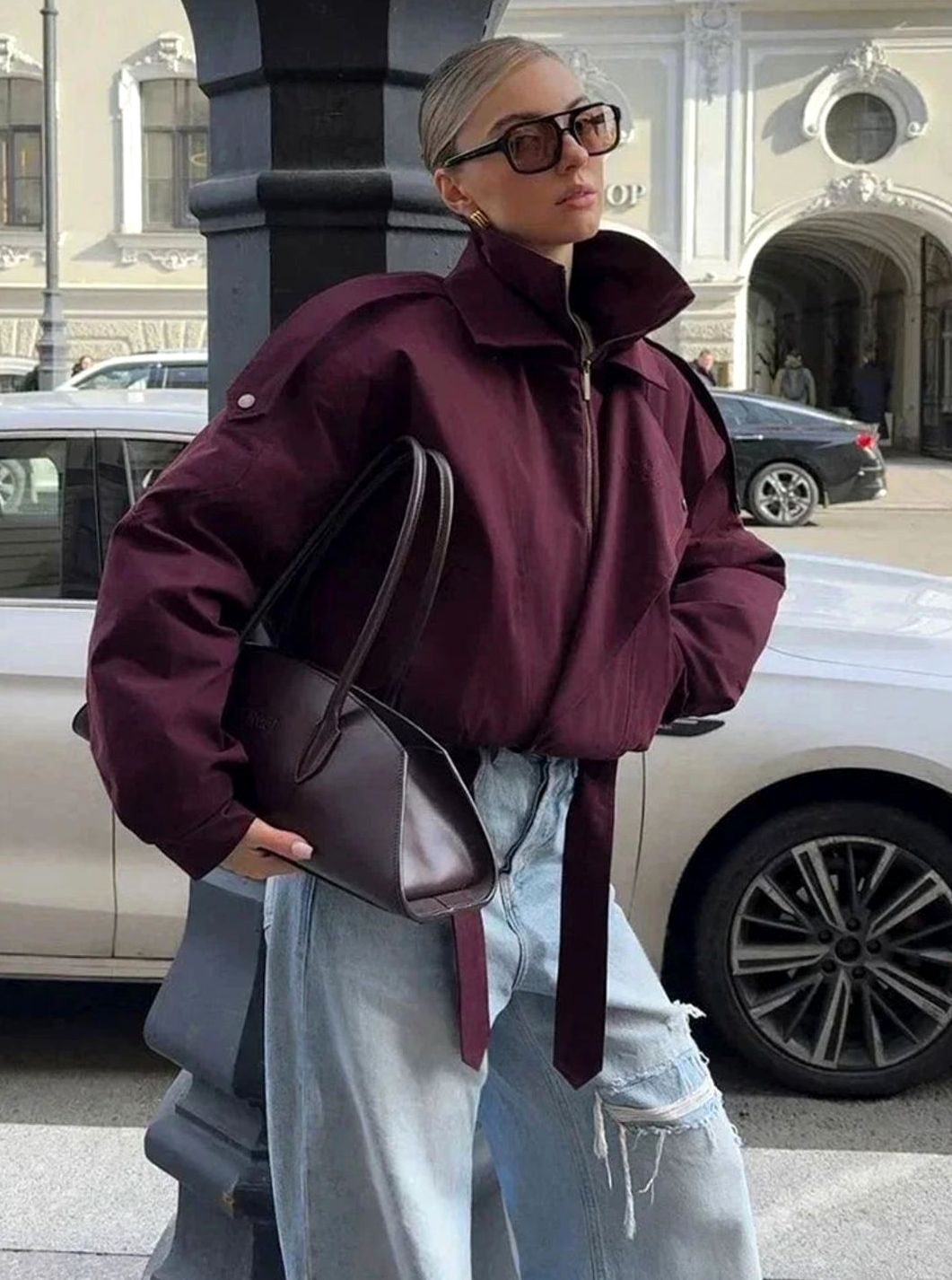Isabella | Women's Oversized Burgundy High-Collar Zip-Up Light Bomber Jacket