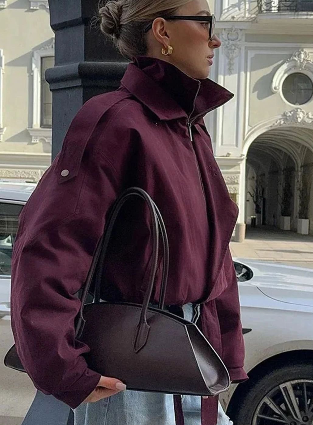 Isabella | Women's Oversized Burgundy High-Collar Zip-Up Light Bomber Jacket