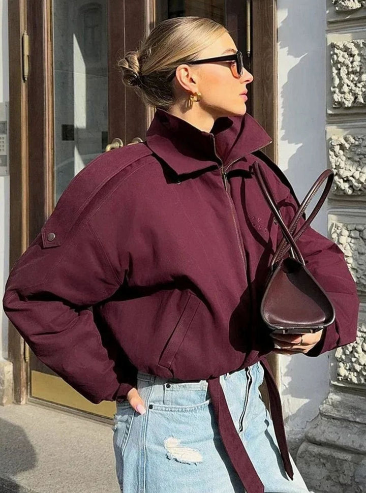 Isabella | Women's Oversized Burgundy High-Collar Zip-Up Light Bomber Jacket
