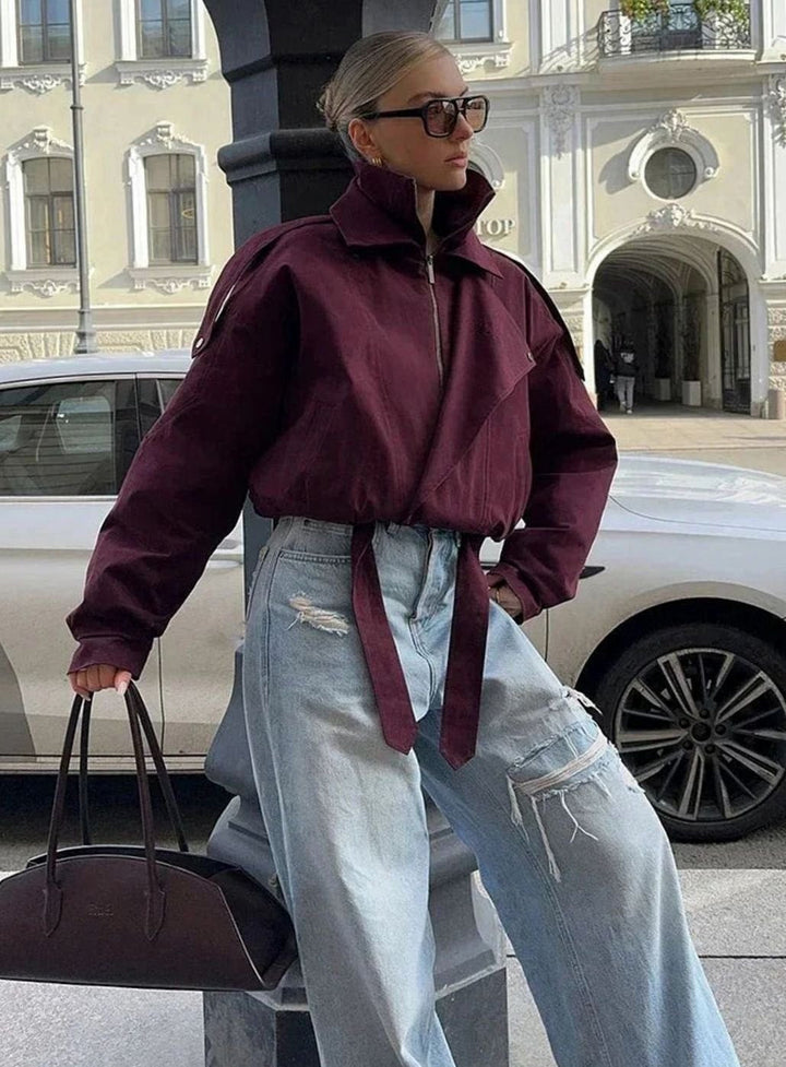 Isabella | Women's Oversized Burgundy High-Collar Zip-Up Light Bomber Jacket