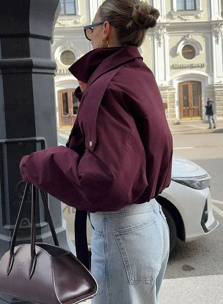Isabella | Women's Oversized Burgundy High-Collar Zip-Up Light Bomber Jacket