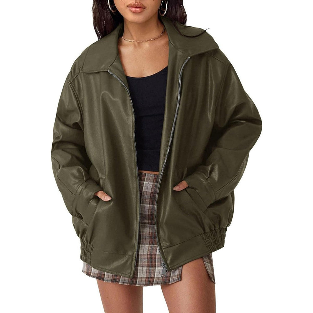 Hannah | Women's Oversized Faux Leather Bomber Jacket Zip-Up