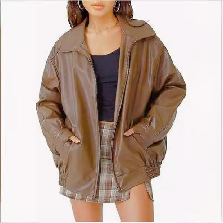 Hannah | Women's Oversized Faux Leather Bomber Jacket Zip-Up
