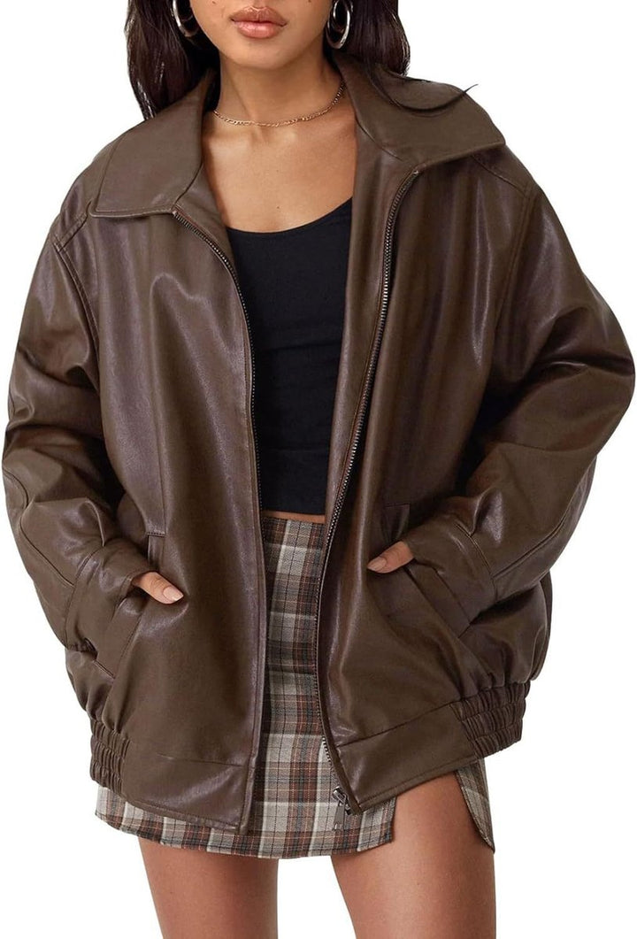 Hannah | Women's Oversized Faux Leather Bomber Jacket Zip-Up