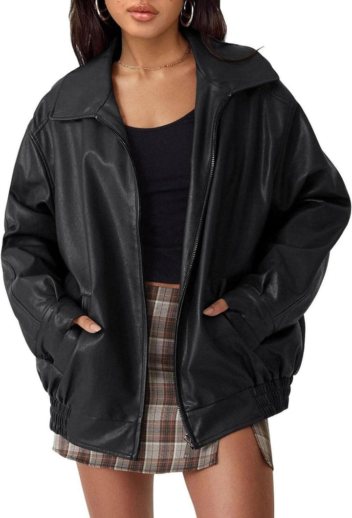 Hannah | Women's Oversized Faux Leather Bomber Jacket Zip-Up