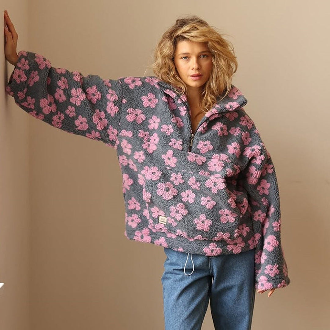 Layla | Women's Oversized Floral Sherpa Fleece Half-Zip Pullover Sweater