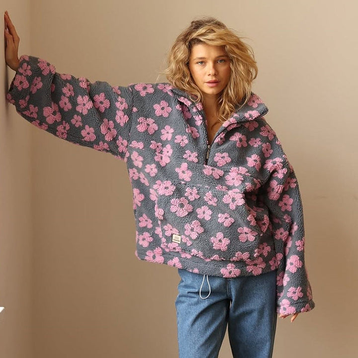 Layla | Women's Oversized Floral Sherpa Fleece Half-Zip Pullover Sweater