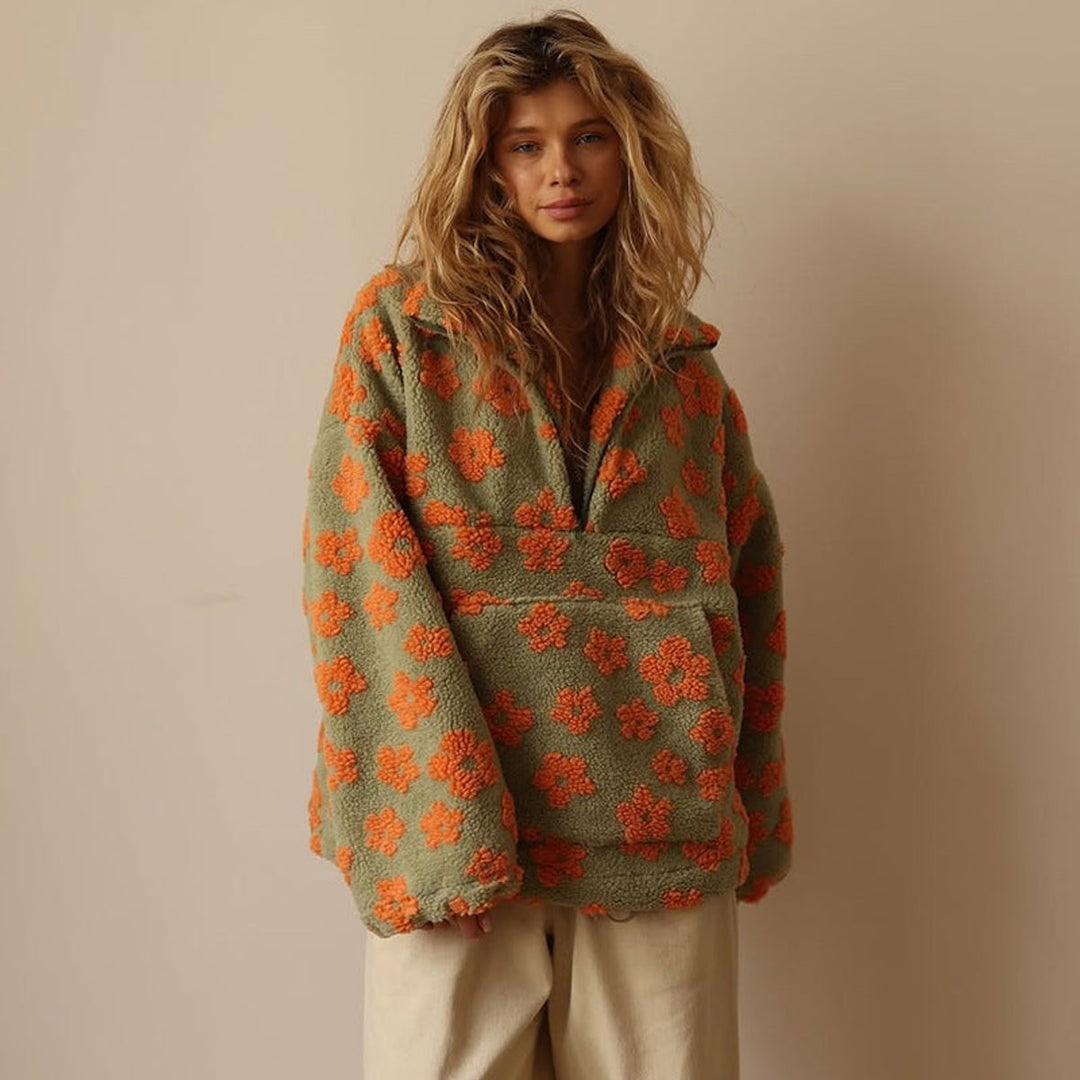 Layla | Women's Oversized Floral Sherpa Fleece Half-Zip Pullover Sweater