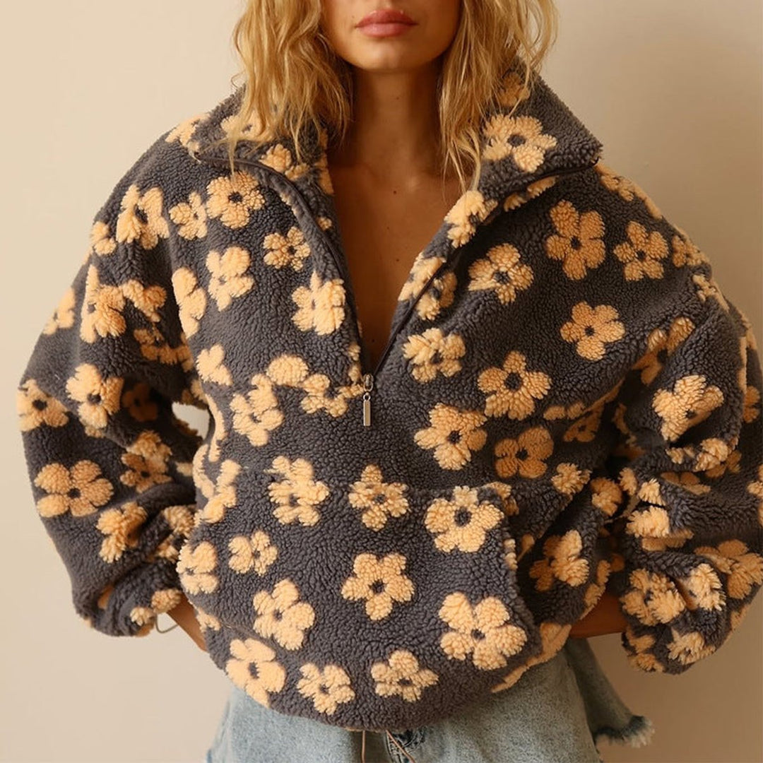 Layla | Women's Oversized Floral Sherpa Fleece Half-Zip Pullover Sweater